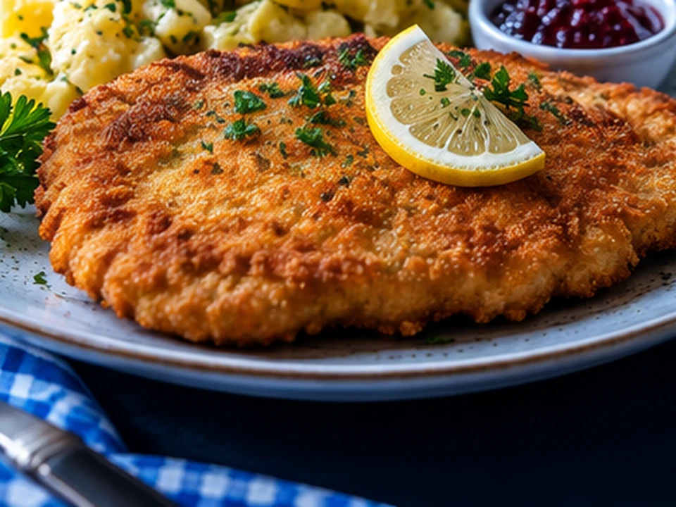 Schnitzel: çıtır kaplamalı ince et dilimi ve garnitürün temsili görseli
